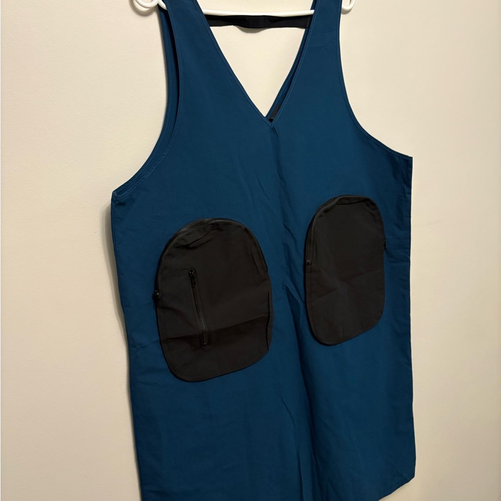 Blue Sleeveless pinafore dress with Black Pockets